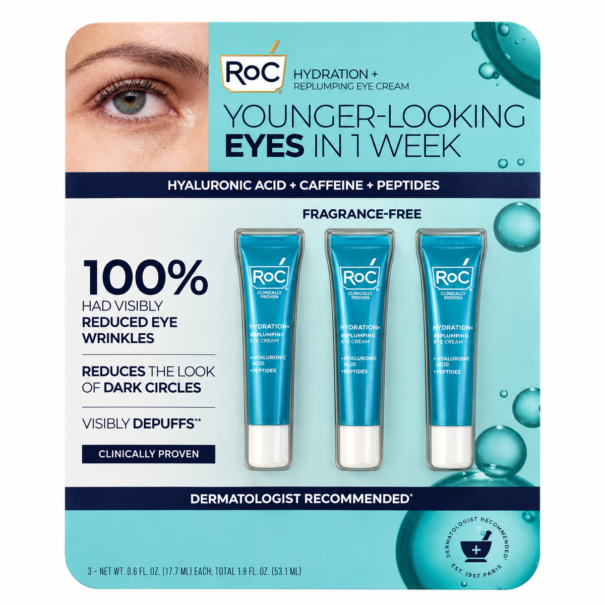 RoC Hydration+ Replumping Eye Cream 3-pack front packaging