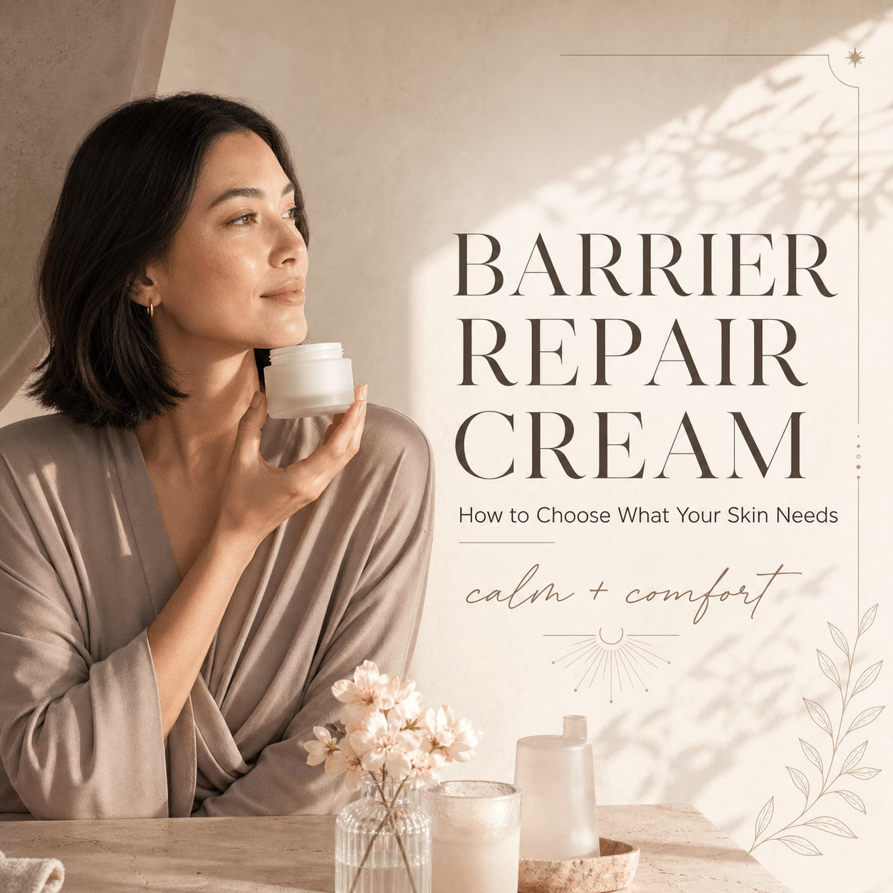 Woman holding an unbranded barrier repair cream in a warm luxury spa setting