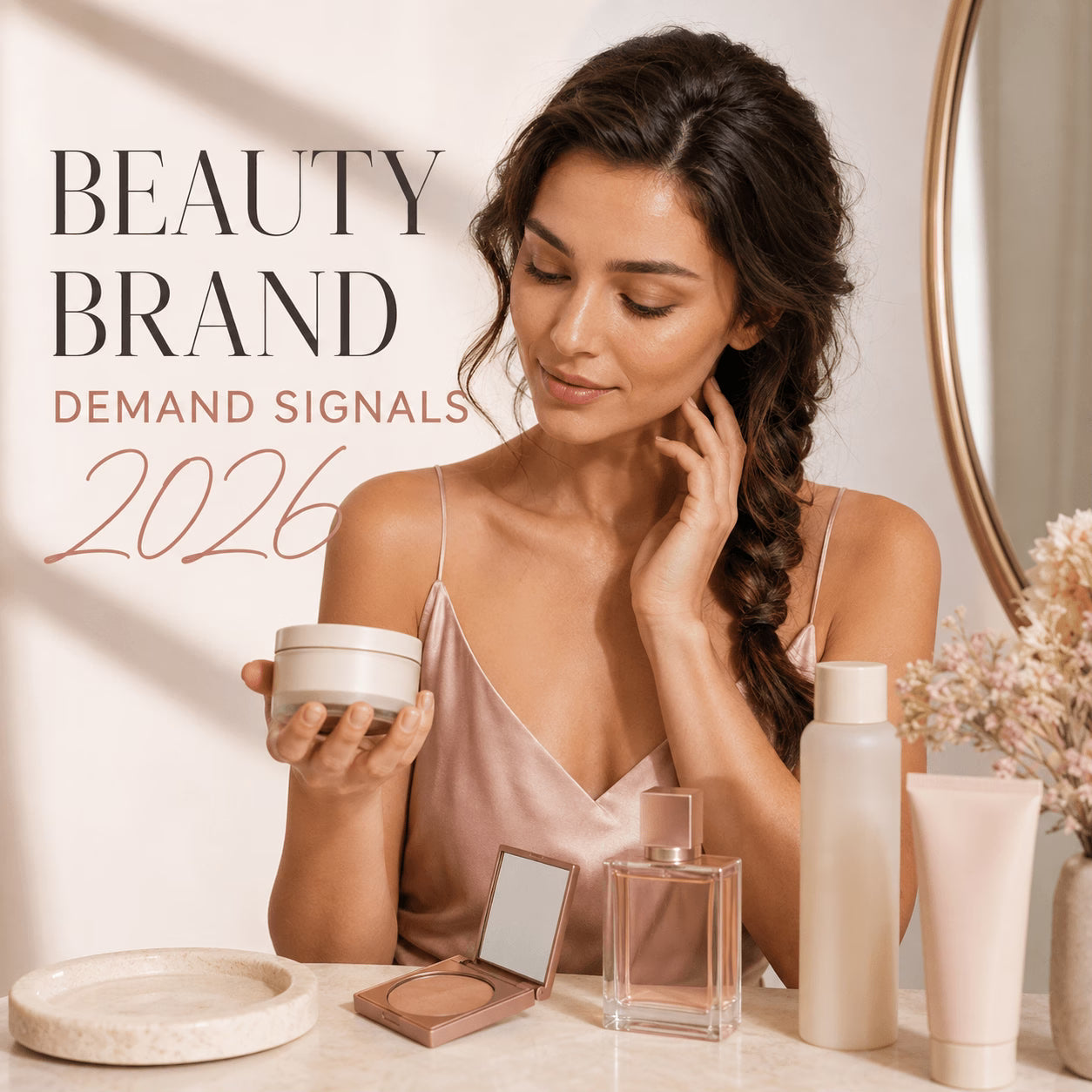 Adult model in a soft editorial beauty scene with skincare, makeup, fragrance, haircare, and body care cues for 2026 demand trends