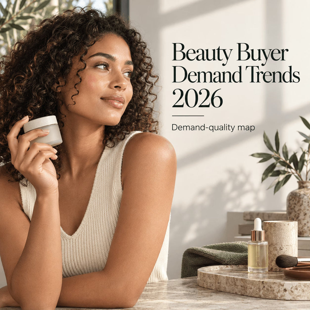 Adult model at a softly lit beauty desk with skincare, makeup, fragrance, and haircare props illustrating 2026 beauty demand trends
