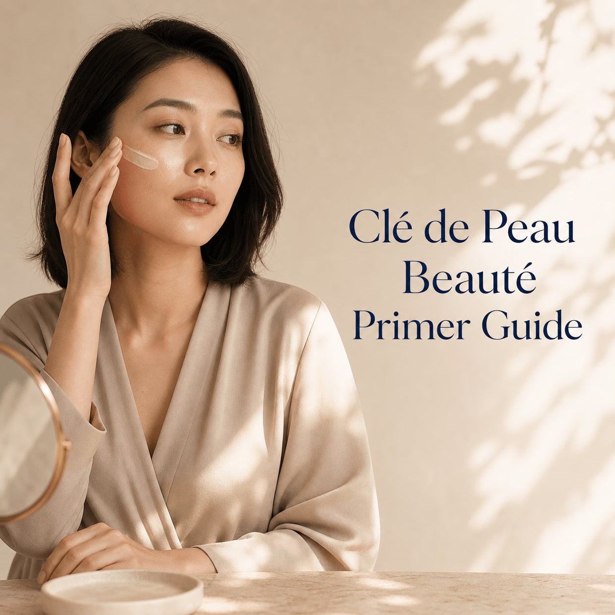Adult model applying cream to her cheek beside the words Clé de Peau Beauté Primer Guide