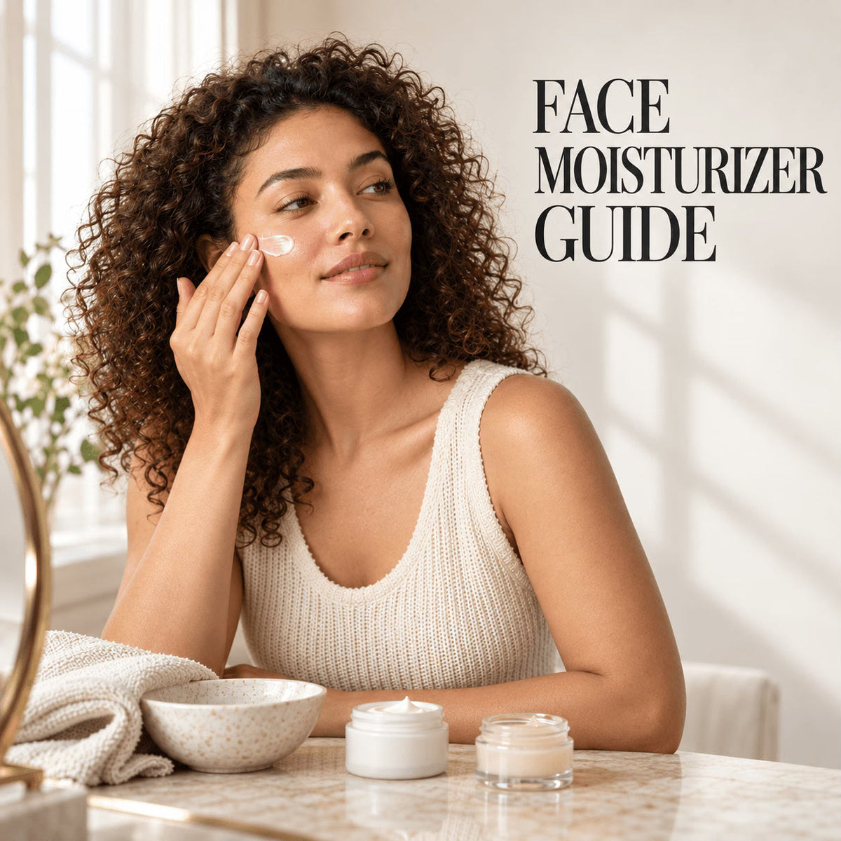 Editorial beauty image of an adult model with moisturizer textures, soft towels, ceramic accents, and gentle window light