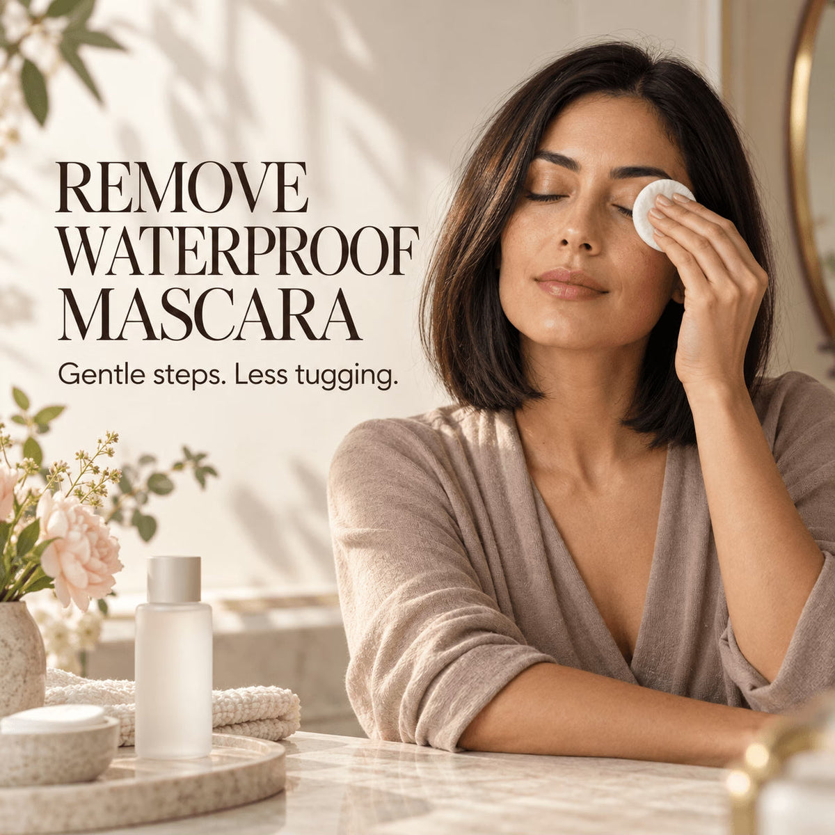 Adult woman in a taupe top holding a white cotton pad over one closed eye, beside the headline Remove Waterproof Mascara.