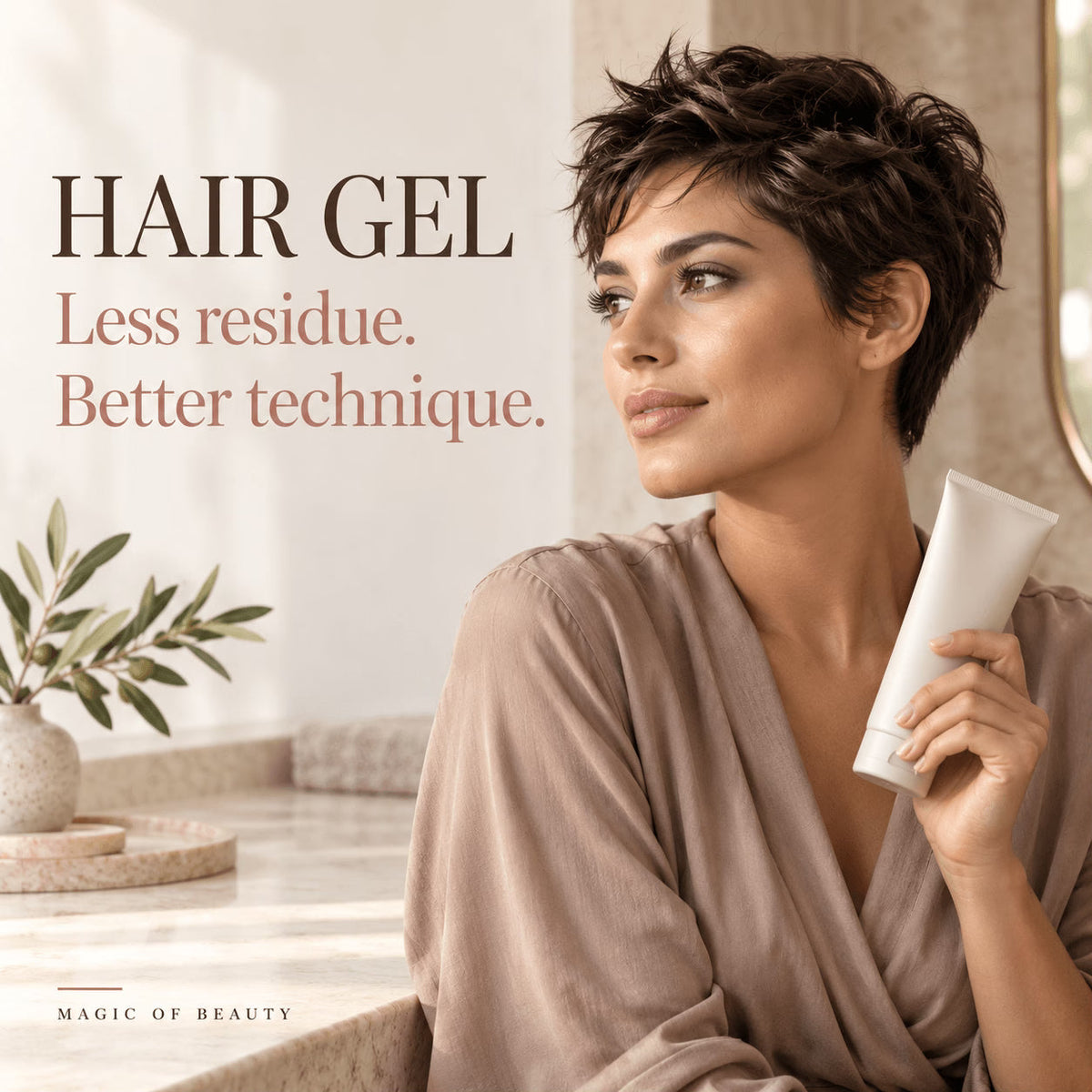 Adult woman with a styled chestnut pixie cut holding a plain tube beside the words Hair Gel, Less residue, Better technique.