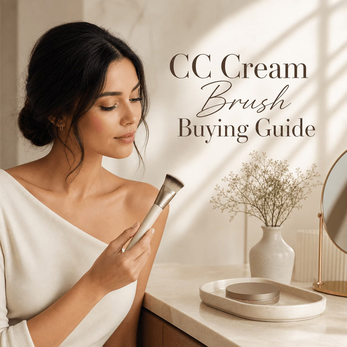 Adult model seated left of frame looking down while holding a complexion brush beside a ceramic tray and soft beauty props