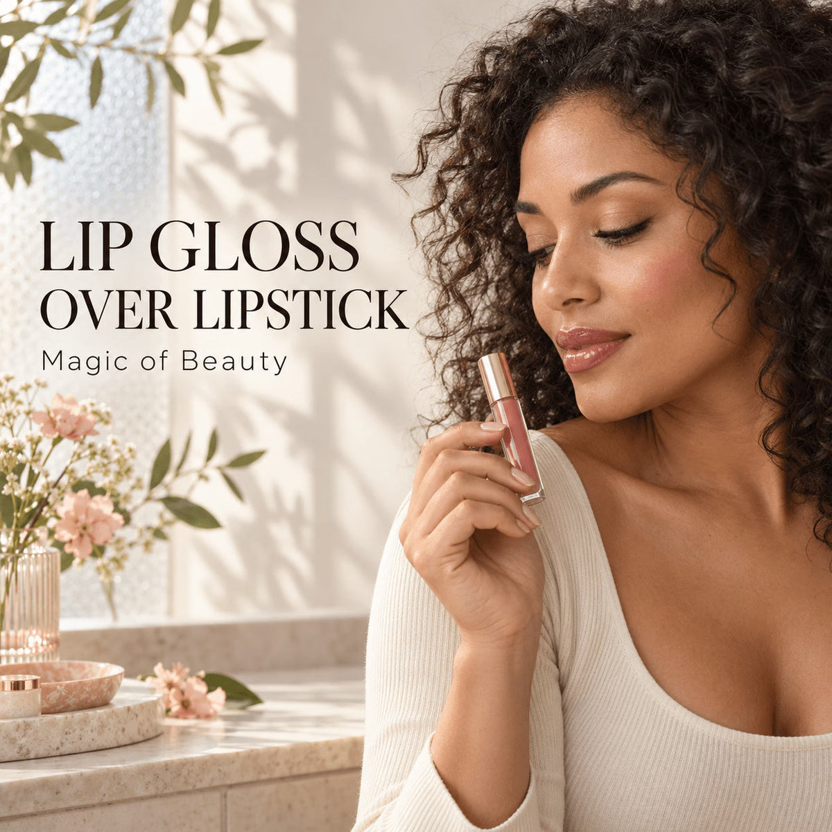 Adult woman with dark natural curls holding an unbranded gloss beside the headline Lip Gloss Over Lipstick.