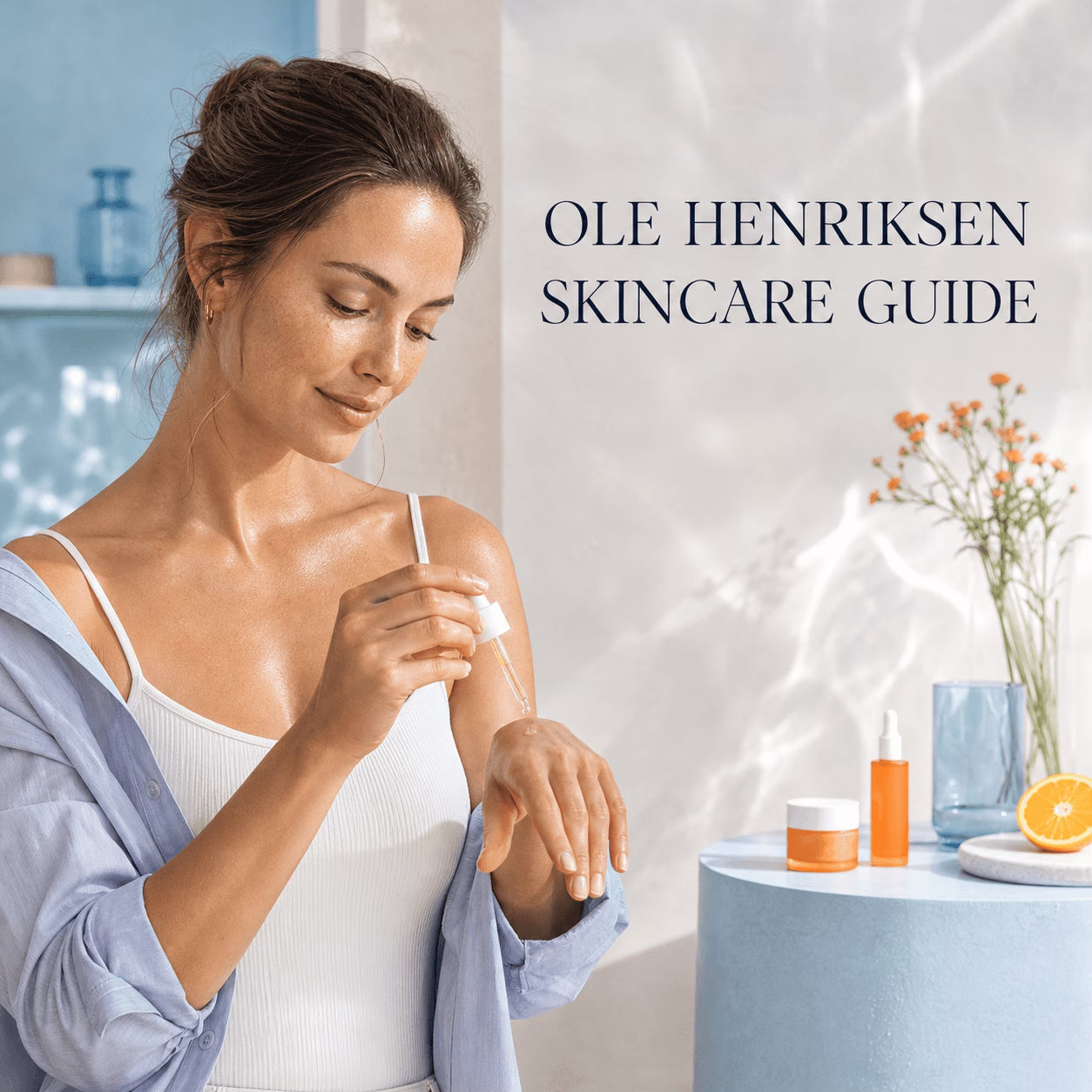 Woman applying serum in a blue and orange Ole Henriksen skincare guide editorial