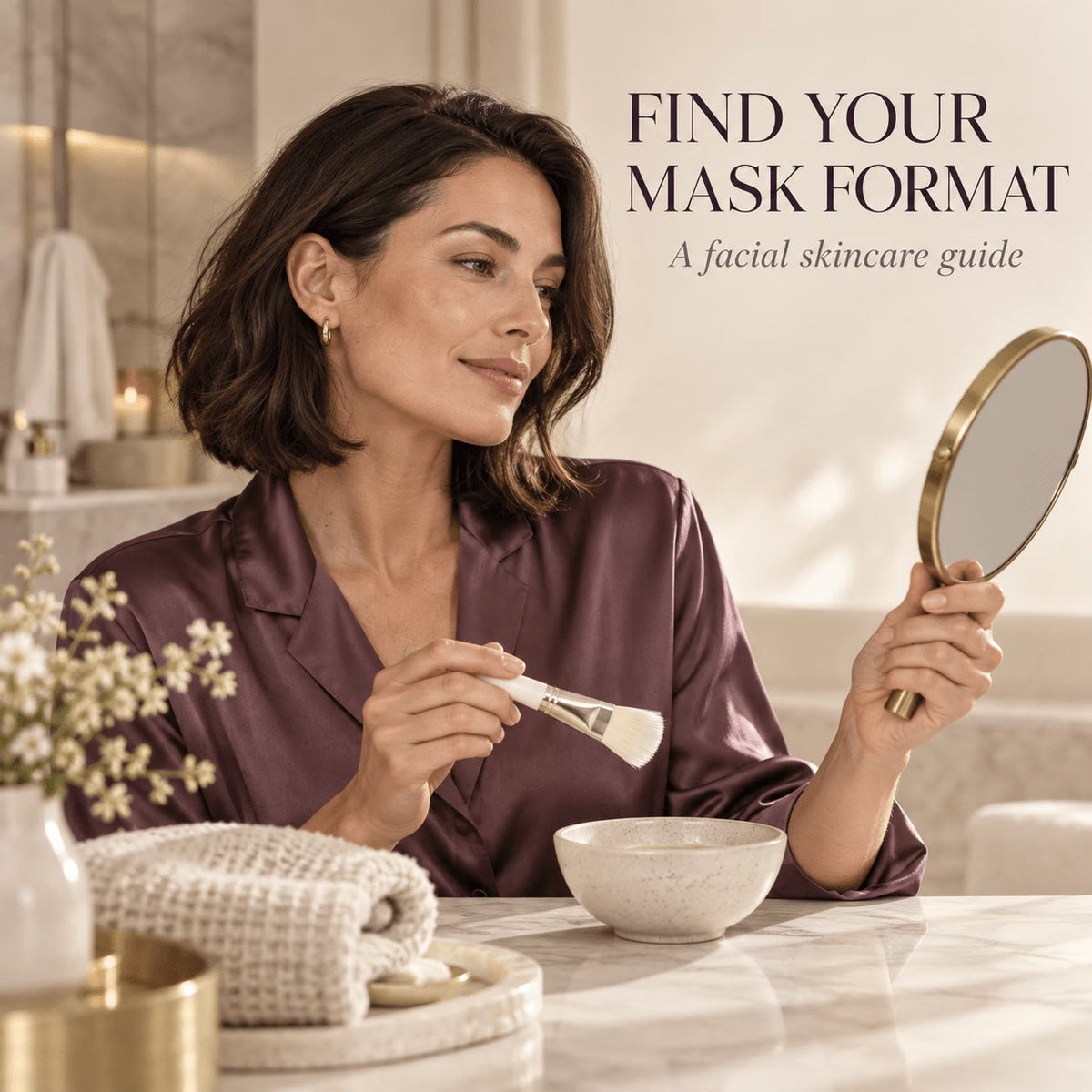Adult woman holding a facial mask brush and hand mirror at a vanity, in warm premium editorial photography