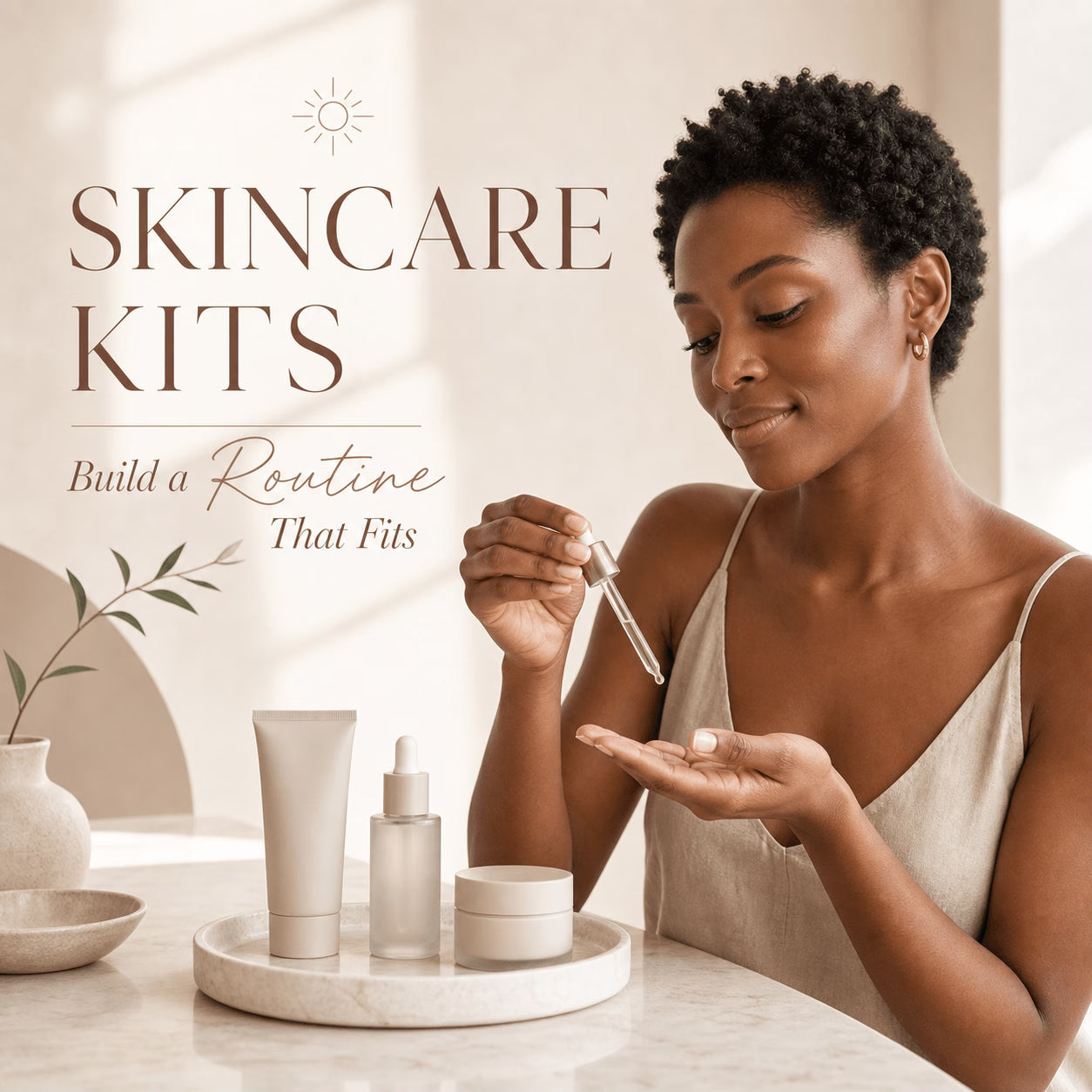 Woman at a vanity with a coordinated skincare kit and the headline Skincare Kits