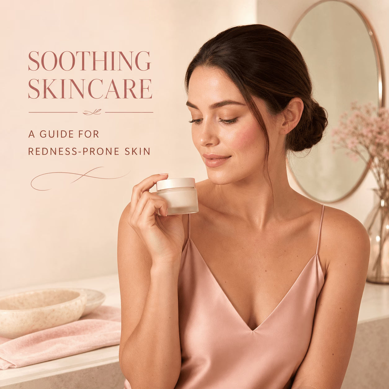 Woman holding a soothing skincare jar in a soft blush editorial setting