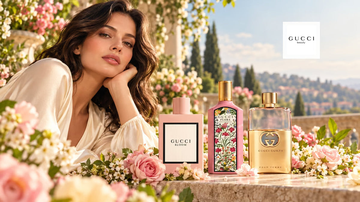 Gucci Beauty collection with model and Bloom, Flora Gorgeous Gardenia and Guilty Pour Femme fragrances